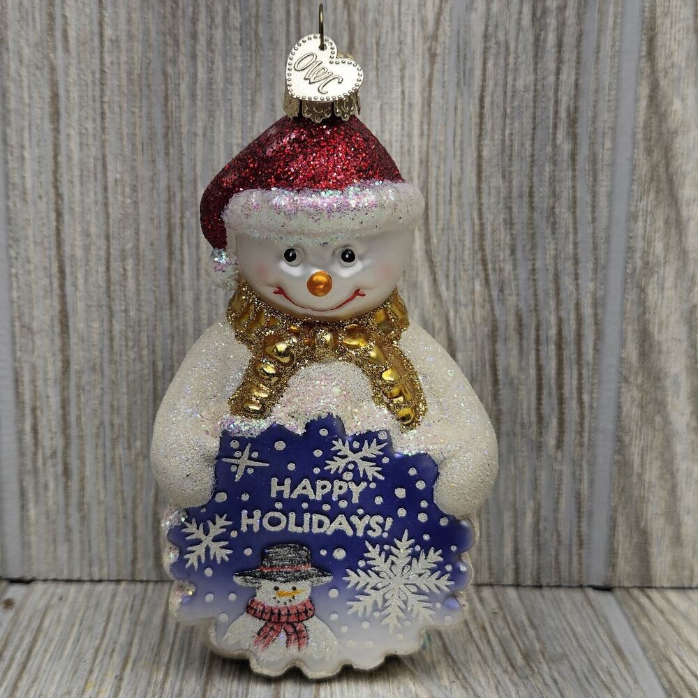 OWC‎ Snowman Glass Ornament Glitter Happy Holidays Christmas Decor Collectible
